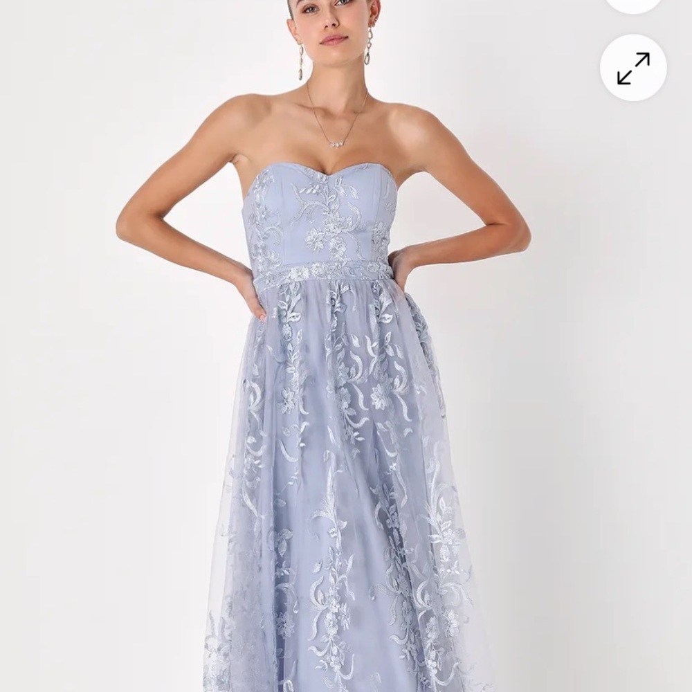 Lulu's Andria Slate Blue Embroidered Strapless Maxi Dress